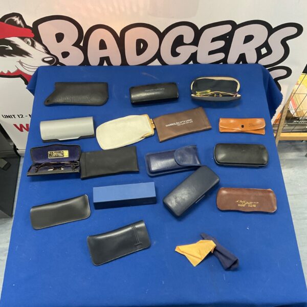 Vintage glasses cases lot, empty and used spectacle storage.