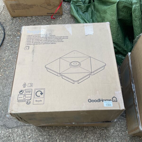 GoodHome square parasol base in original packaging, ready to fill.