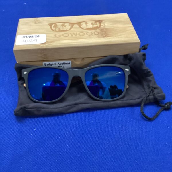 Gowood sunglasses in wooden case, vintage eyewear.