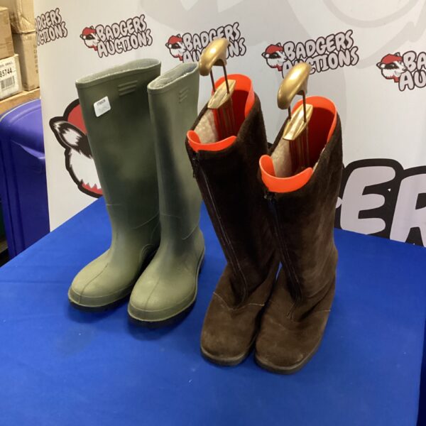 Green Wellington boots and fleece lined suede boots pair.