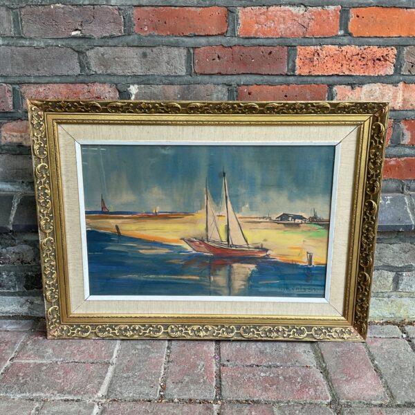 Vintage 1950s watercolour painting of sailboats by h. konig.