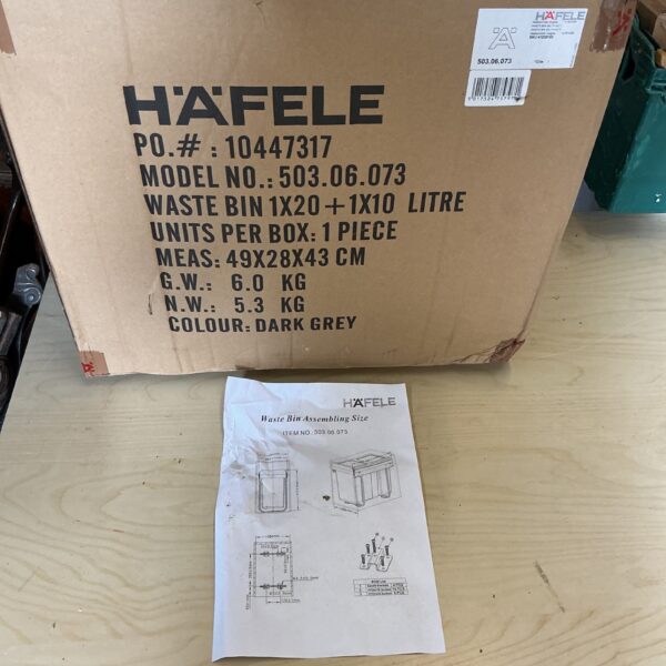 Hafele waste bin unit for kitchen storage and disposal.