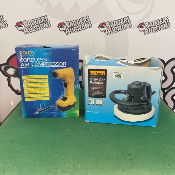 Halfords 240v car polisher and cordless air compressor in original box.