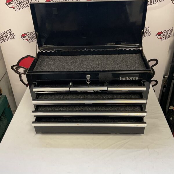 Black Halfords tool box with lock and drawers, ideal for tool storage.
