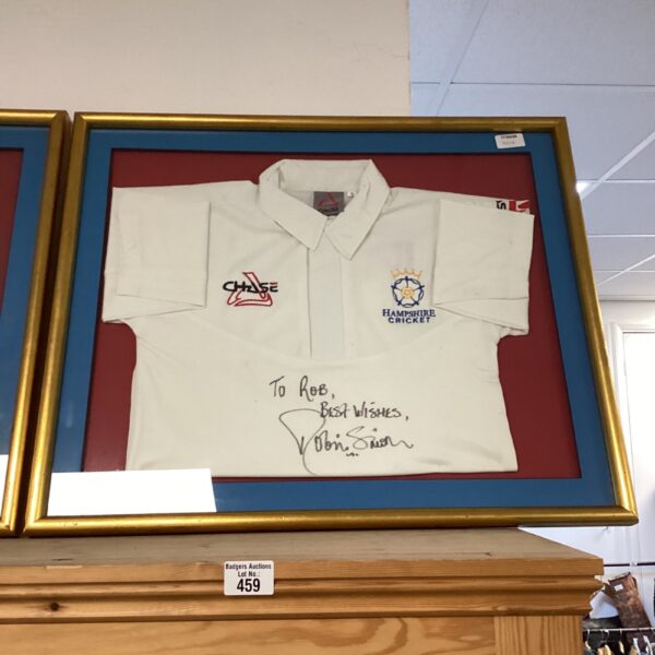 Signed Hampshire cricket shirt by Robin Smith, a collectible sports item.