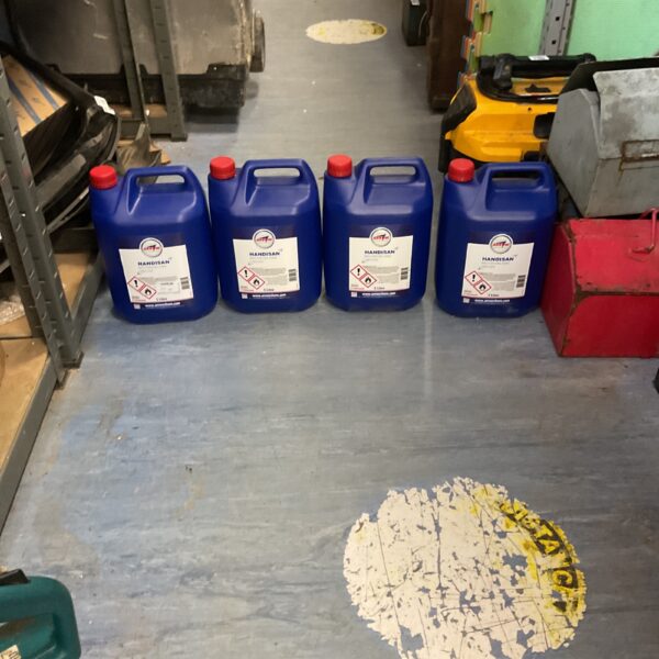 Bulk lot of four 5-litre hand sanitiser containers.