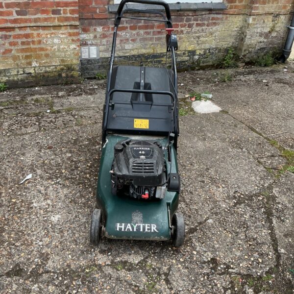 Hayter Harrier 48 petrol lawnmower in a garden setting.