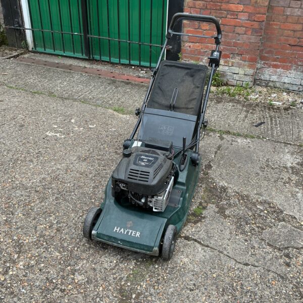Hayter Harrier 48 petrol lawnmower in a garden setting.