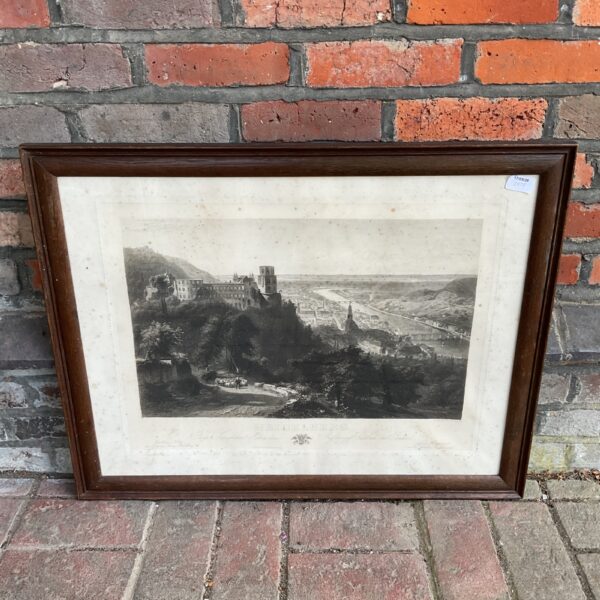 Antique Ed Willmann etching of Heidelberg Castle, a detailed landscape print.