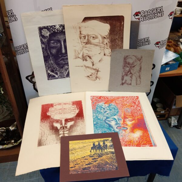 Collection of signed Heinrich Muller screen print portraits, mid-century modern art.