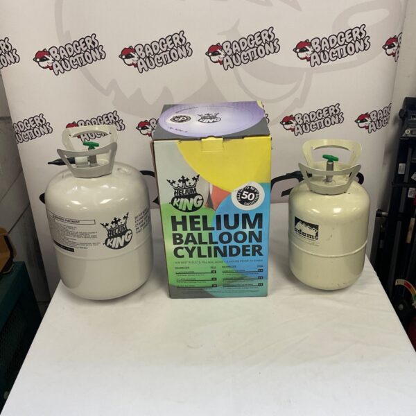 Silver helium balloon canister with safety labels, vintage party supply.