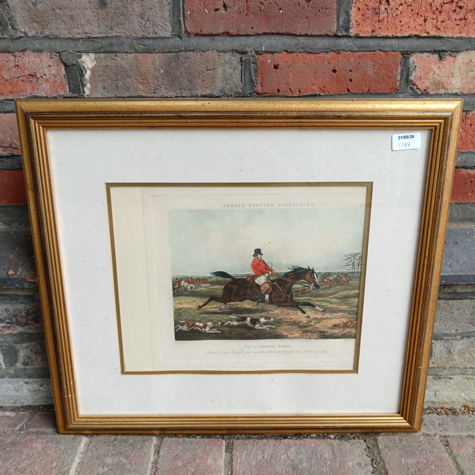 19th-century Henry Alken engraving of a hunt scene, titled "Upto Sixteen Stone".