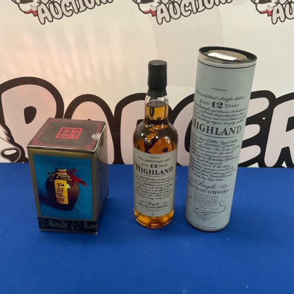 Vintage Highland Malt Scotch Whiskey and Confucius Family Liquor bottles.