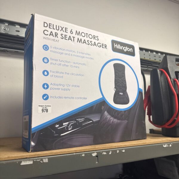Hillington car seat massager in original packaging with control panel visible.