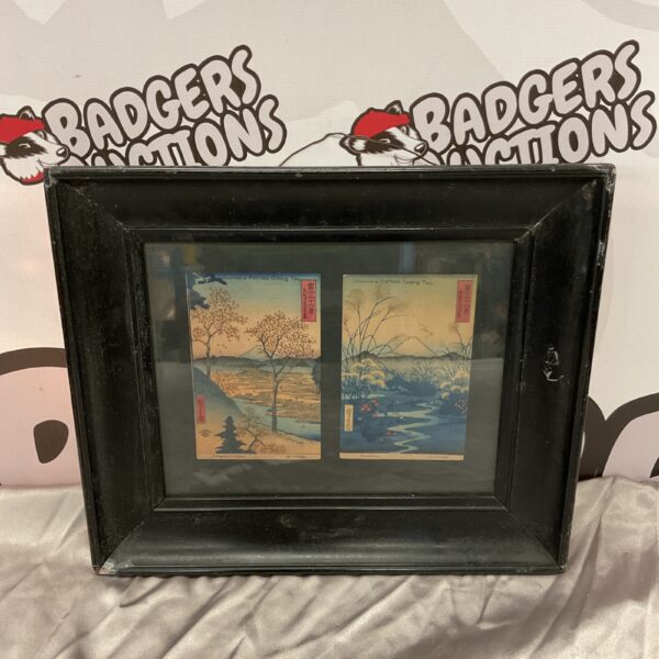 Framed pair of antique Japanese woodblock prints by Hiroshige.