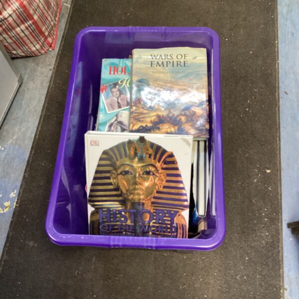 Purple box filled with a collection of history books.