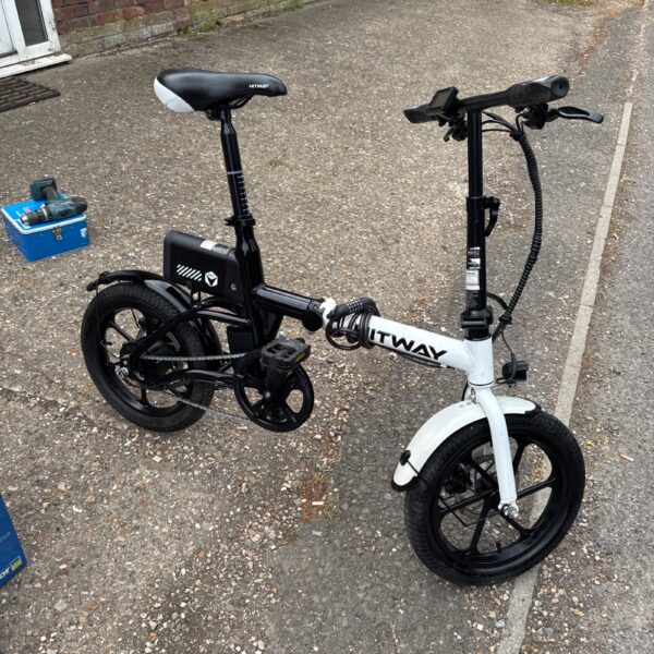 Compact Hitway electric folding bicycle in untested condition.