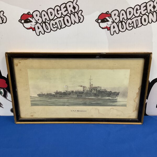Framed watercolour painting of HMS Bahamas naval warship.
