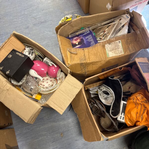 House clearance lot with three boxes of mixed vintage items and household goods.