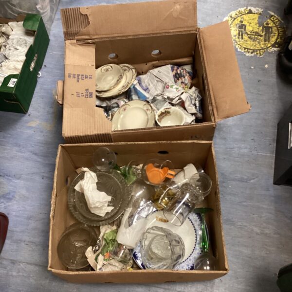 Mixed lot of house clearance china and glassware including bowls and wine glasses.