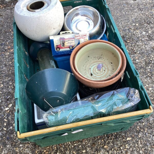 House clearance lot with bird feeder, tray, and garden items.