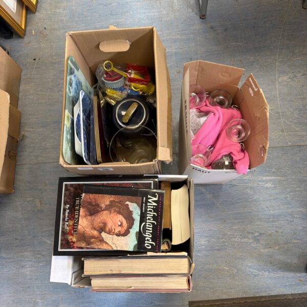 Assorted items from a house clearance lot, including books and collectibles.