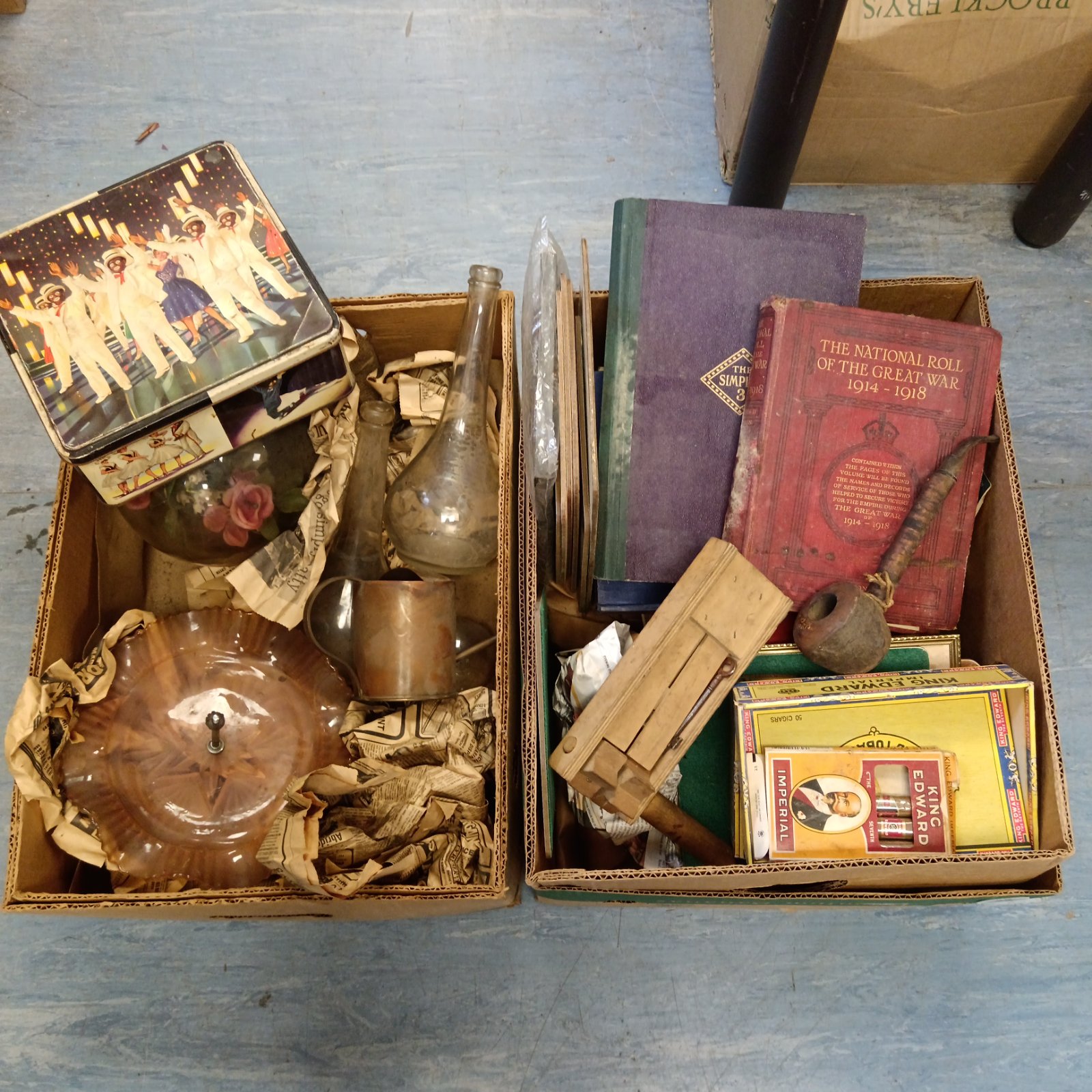 Mixed house clearance lot with vintage books and ephemera.
