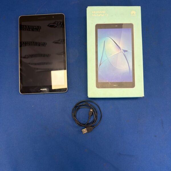 Huawei MediaPad T3 tablet in box with charger.