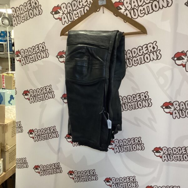 Black Hunter class motorcycle leather trousers, side view.