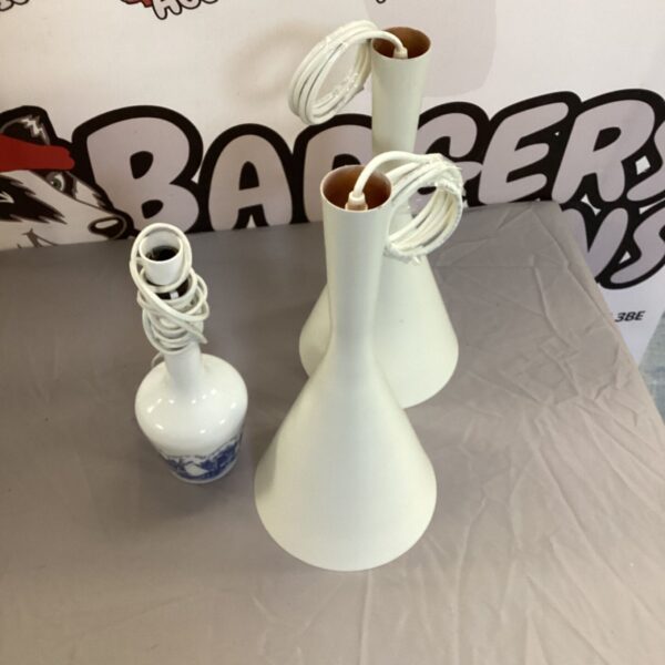 Vintage ceiling lamps including IKEA style and DeKuyper bottle lamp.