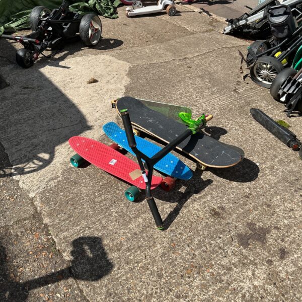 Three Skateboards and scooter