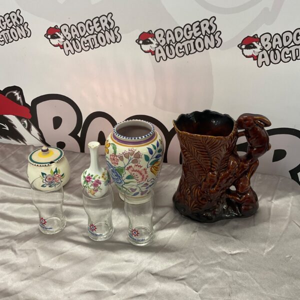 Rabbit design jug, vases, pot, and glasses