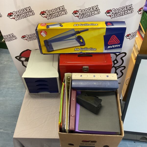 Box of mostly folder binders, A4 Guillotine, crafts draws and red metal chest