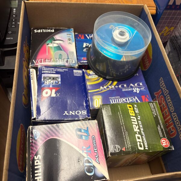 Box of blank audio CDs, including Sony and Phillips