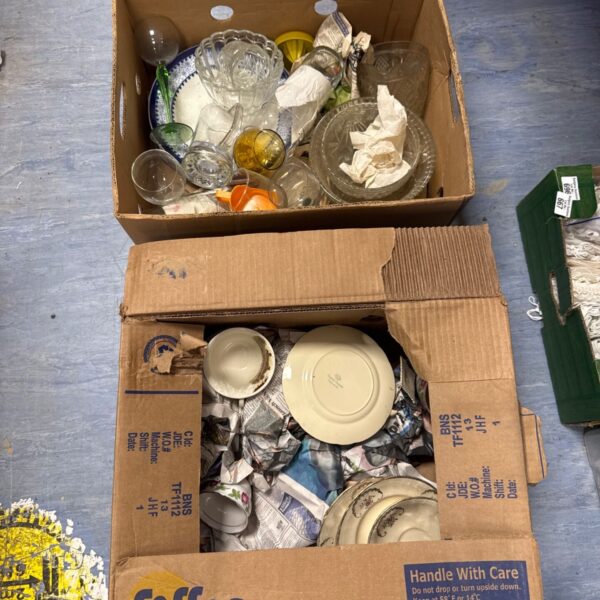 Two boxes of house clearance items inc glassware & chinaware inc meakin & others