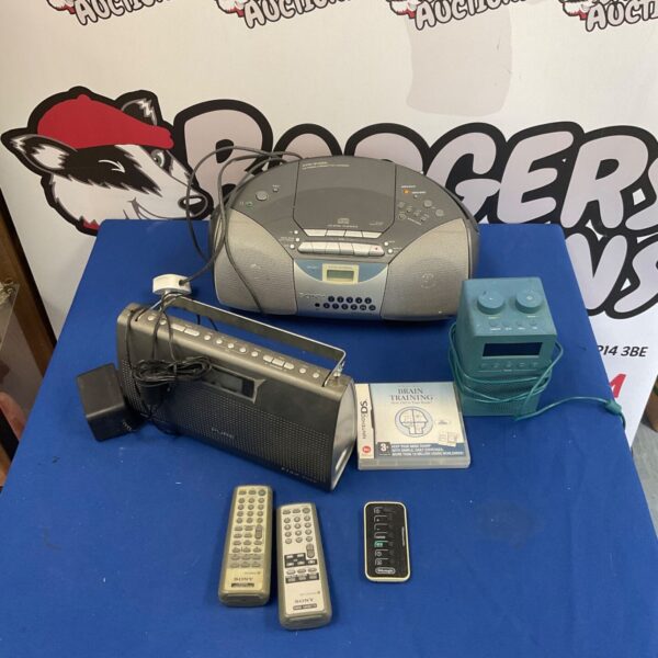 Sony CD Radio Cassette-Corder, Pure Elan RV40 radio, John Lewis radio, and DD Brain training game