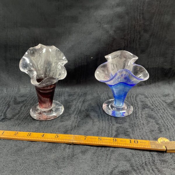 Two vintage Studio art glass tulip vases with ribbon rim