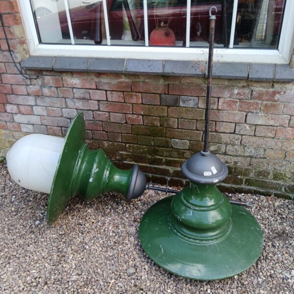 Large green industrial enamel lamp, vintage factory lighting.