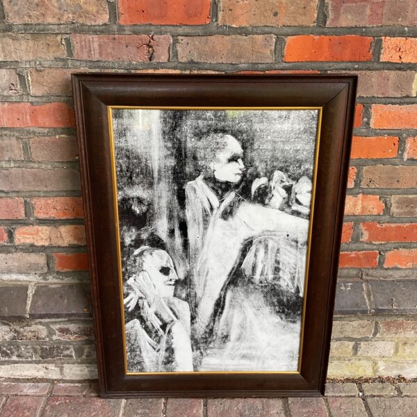 Moody ink and mixed media artwork of two figures at a table.
