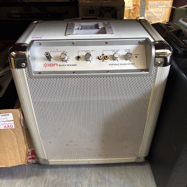 ION Block Rocker portable PA system with controls visible.