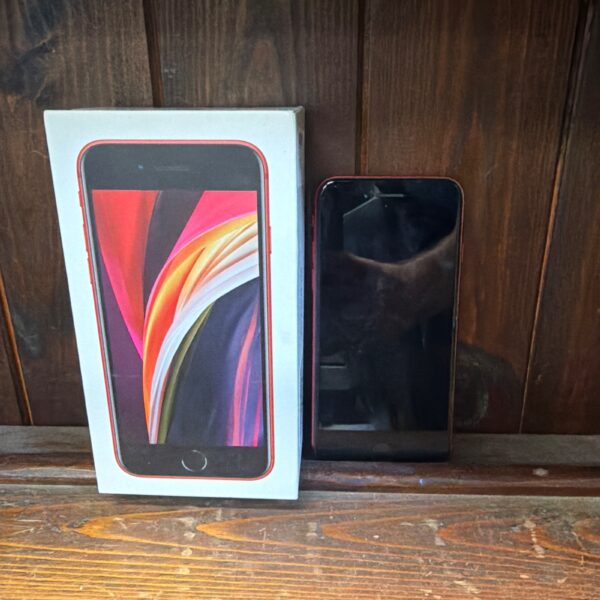 Red iPhone SE 64GB smartphone, front view.