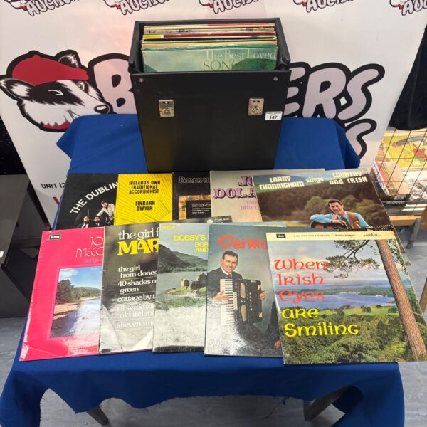Collection of vintage Irish folk LPs for collectors.