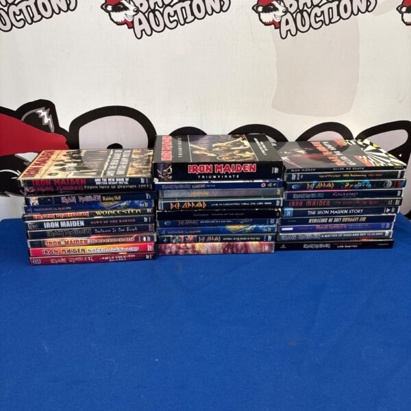 Collection of Iron Maiden DVDs for collectors and fans.