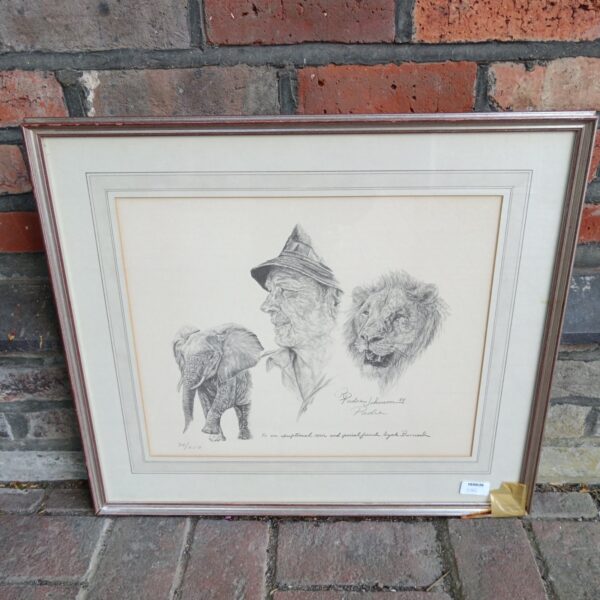 Limited edition Izak Barnard print by Padre Johnson featuring lion and elephant.
