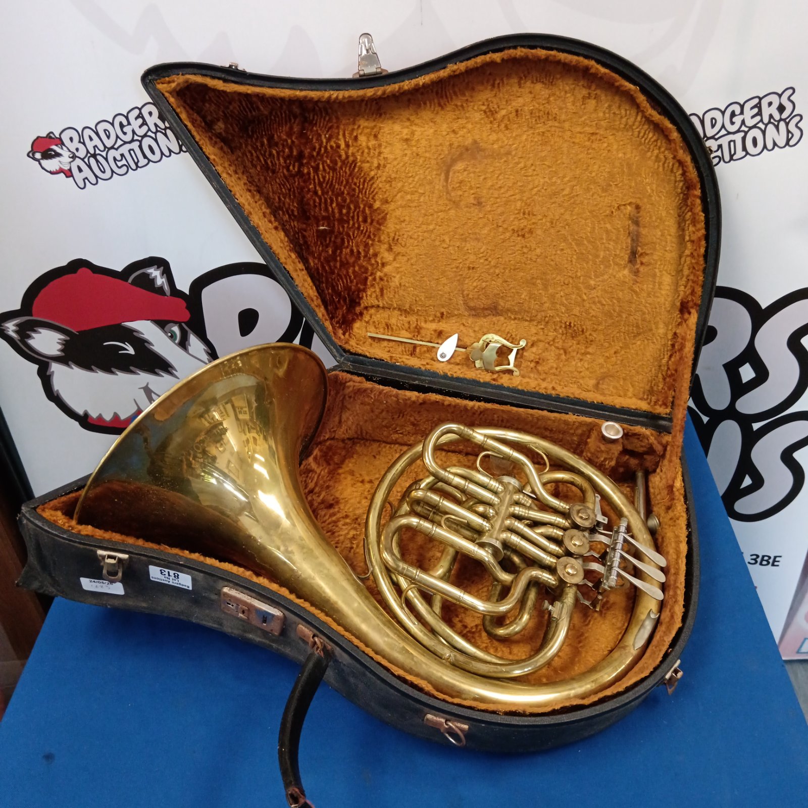 Vintage Joseph Lidl BRNO brass French horn in open case.