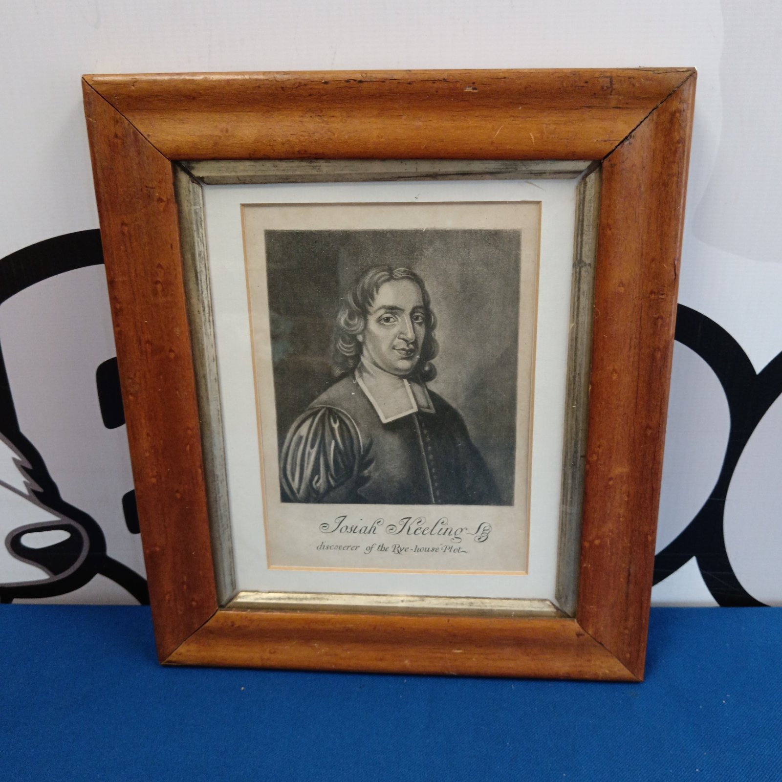 Antique engraving of Joshua Keeling in a maple frame, historical Rye House Plot informer.