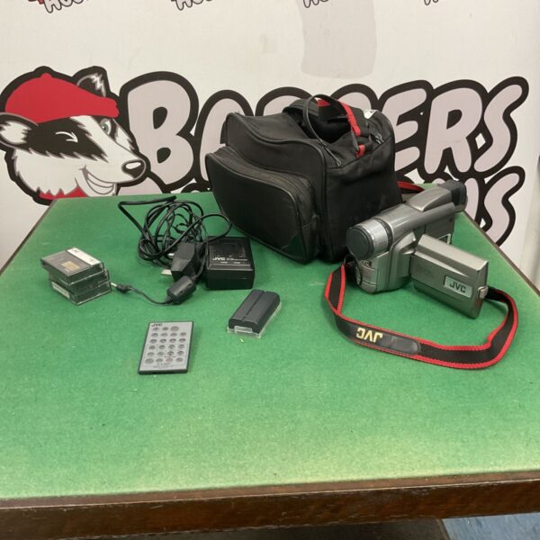 JVC GR-AX10 VHS camcorder with accessories, vintage video camera.