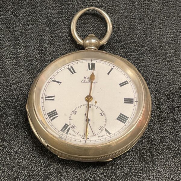 Antique Kay's Challenge silver pocket watch with Roman numerals.