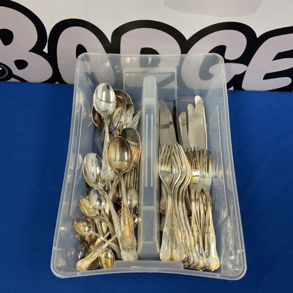 Kings Pattern cutlery lot with silver-plated forks, knives, and spoons.