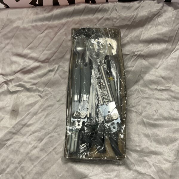 Stainless steel kitchen utensil set displayed in packaging.